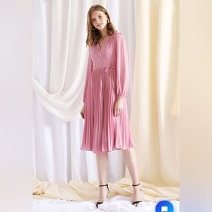 Chic Wish PINK WRAP PLEATED CHIFFON DRESS